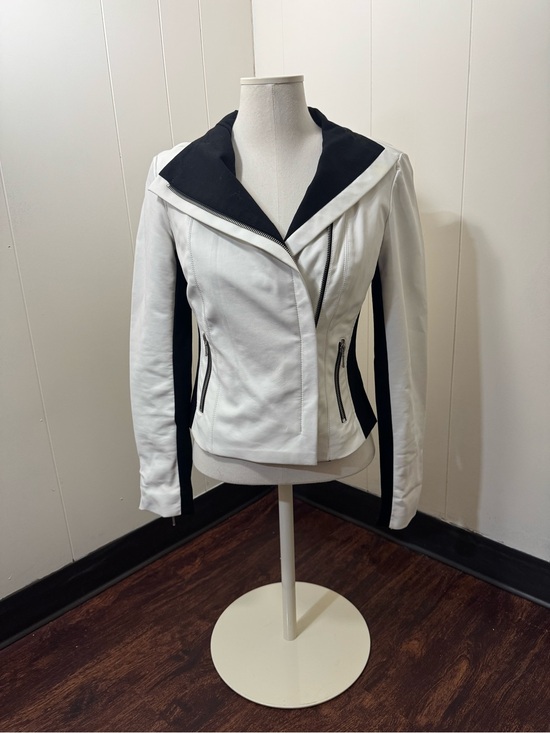 INC International Concepts Jackets & Blazers - INC Women’s Two Tone Faux Leather White and Black Asymmetrical Racing Zip Jacket
